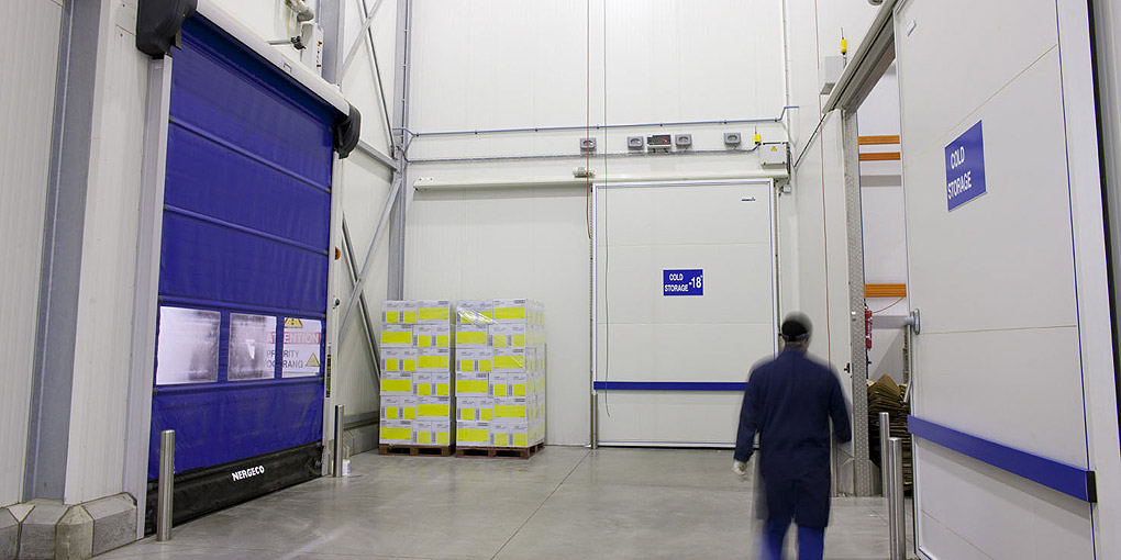 Flexible doors for food processing enclosing a cold storage air lock